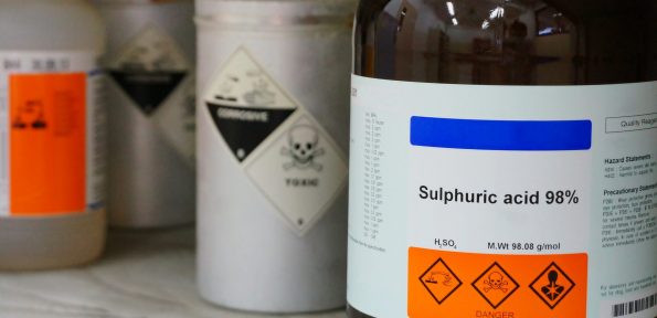 Bottle of Sulfuric Acid, H2SO4 with Properties information and i